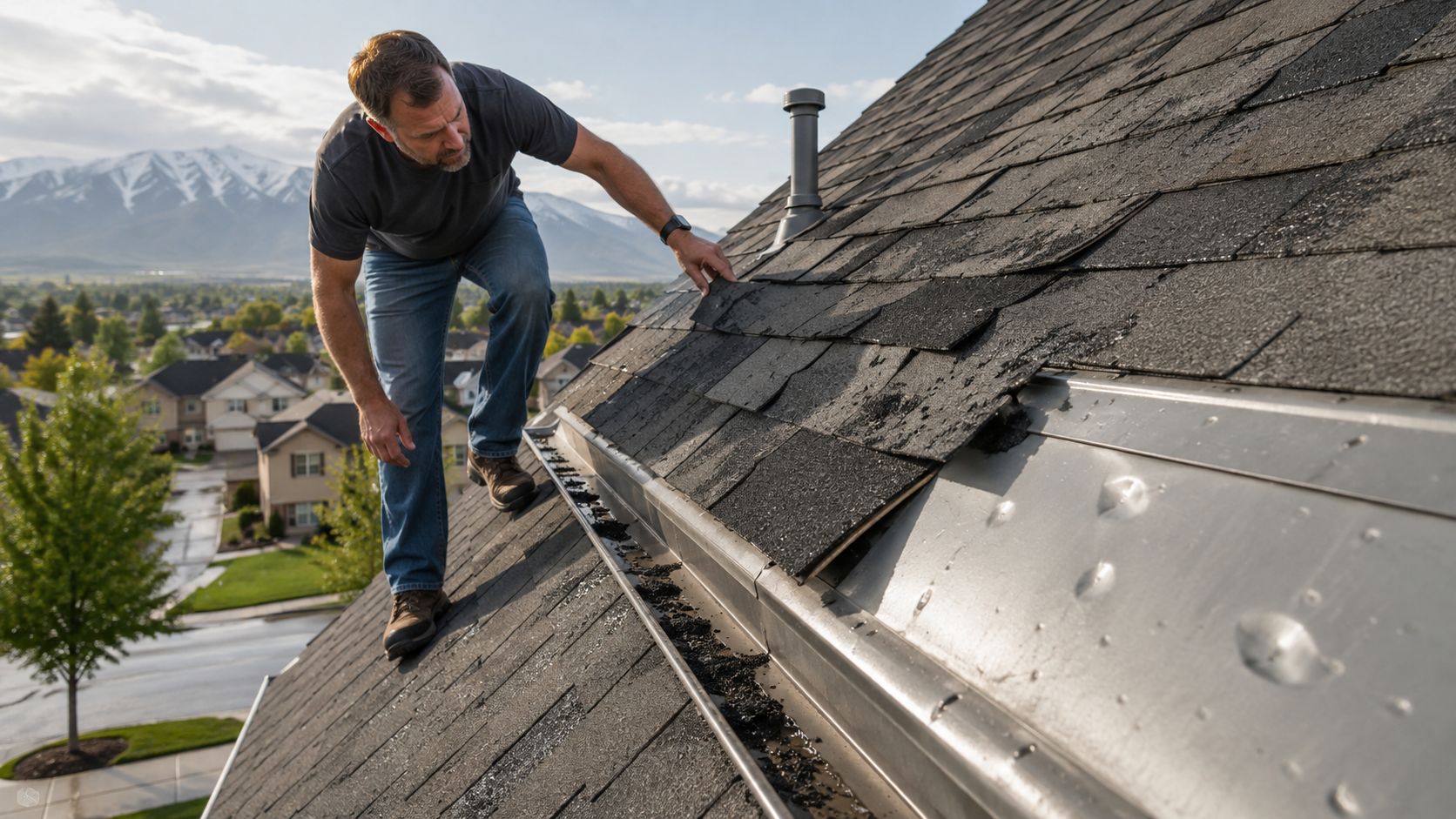 A man inspecting hail damage on asphalt shingles and a metal roof panel on a residential home.
