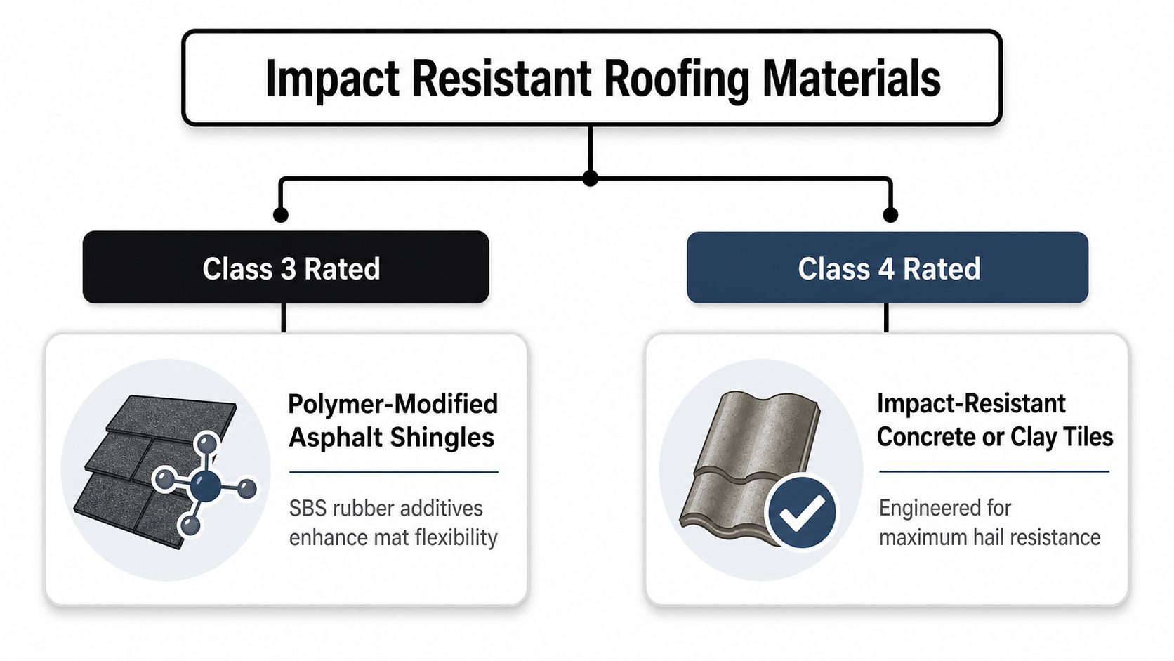 A chart illustrating roofing material categories, distinguishing between Class 3 and Class 4 impact resistance ratings.