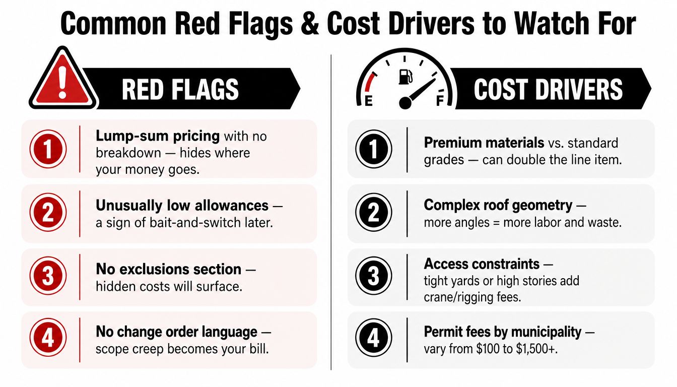 A list of red flags and cost drivers for construction projects shown in a comparison chart.