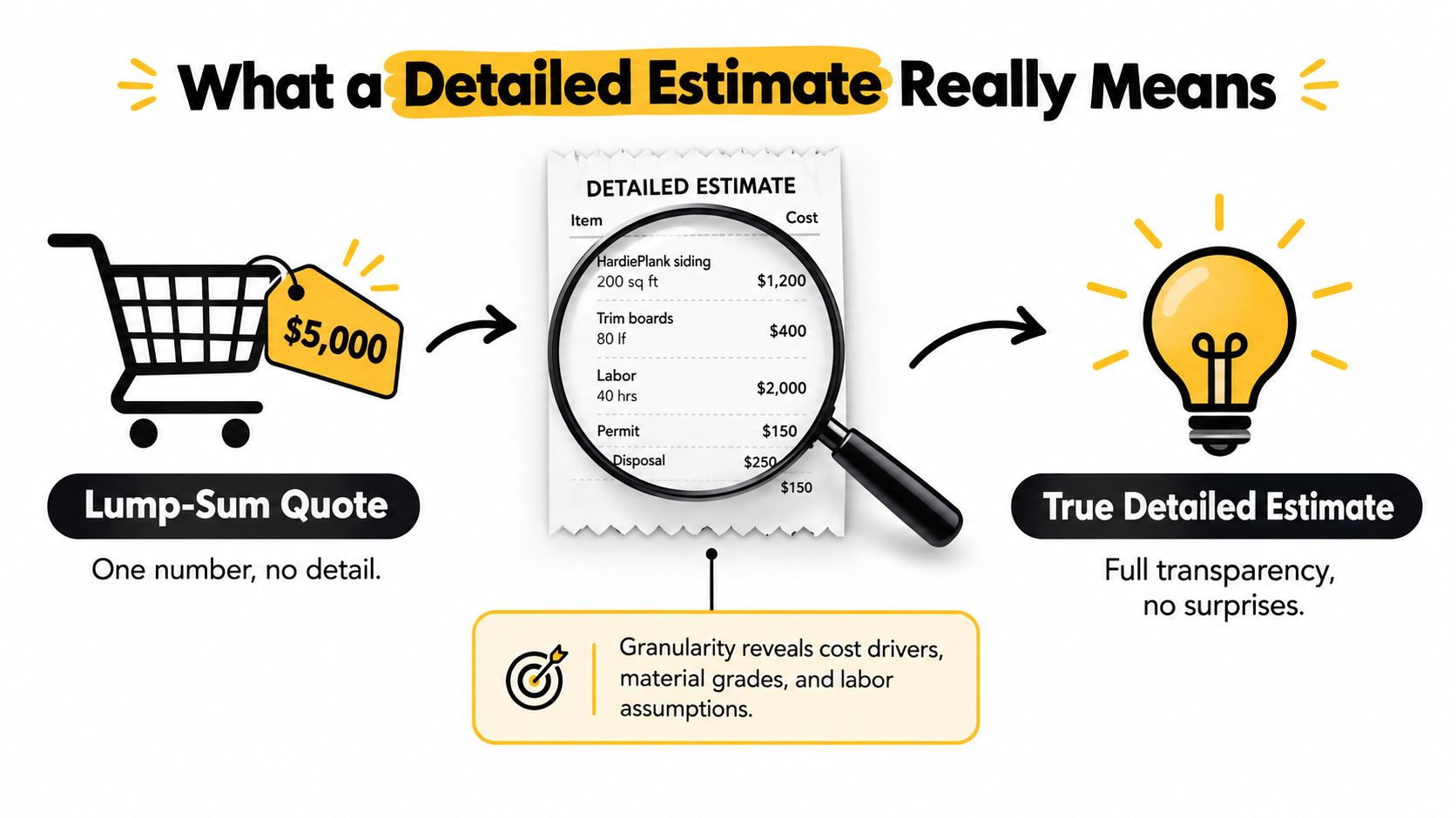 A diagram comparing a vague lump-sum quote to a transparent, detailed cost estimate for construction work.