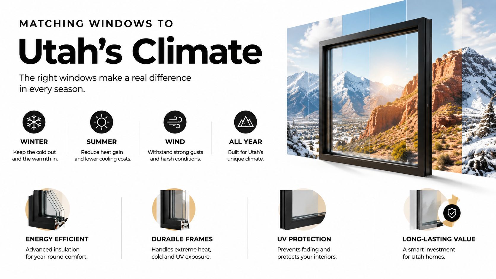 An infographic titled Matching Windows to Utah's Climate illustrating benefits like energy efficiency, durability, and UV protection.
