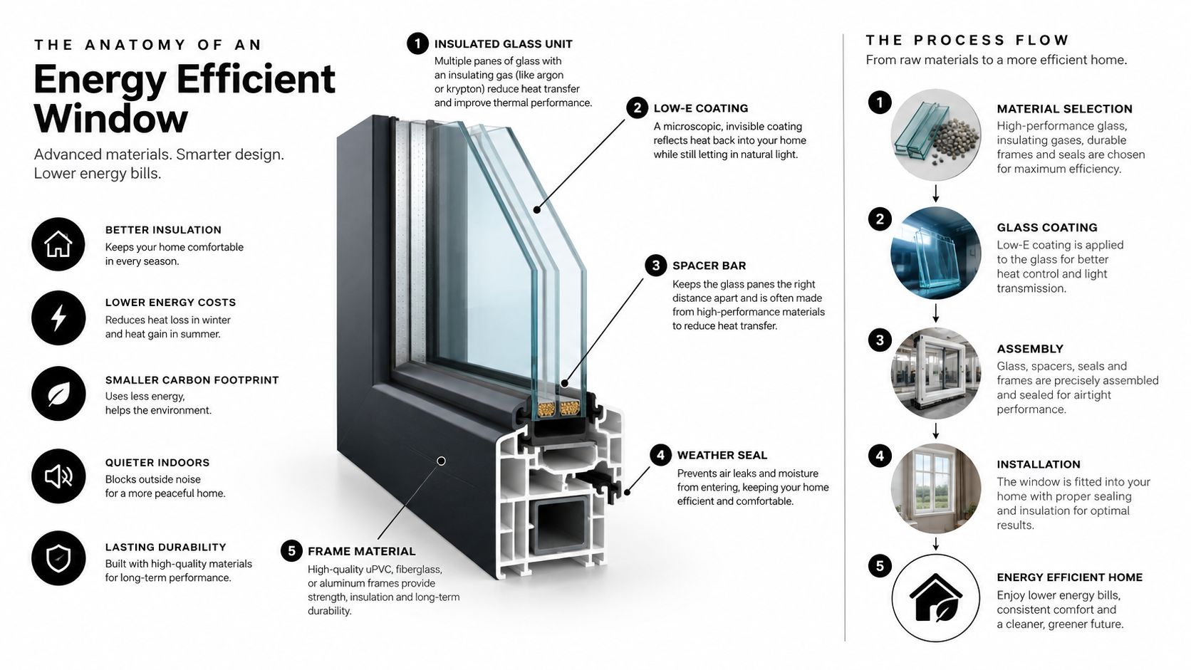 A diagram illustrating the anatomy and production process of an energy-efficient home window with insulated glass panes.
