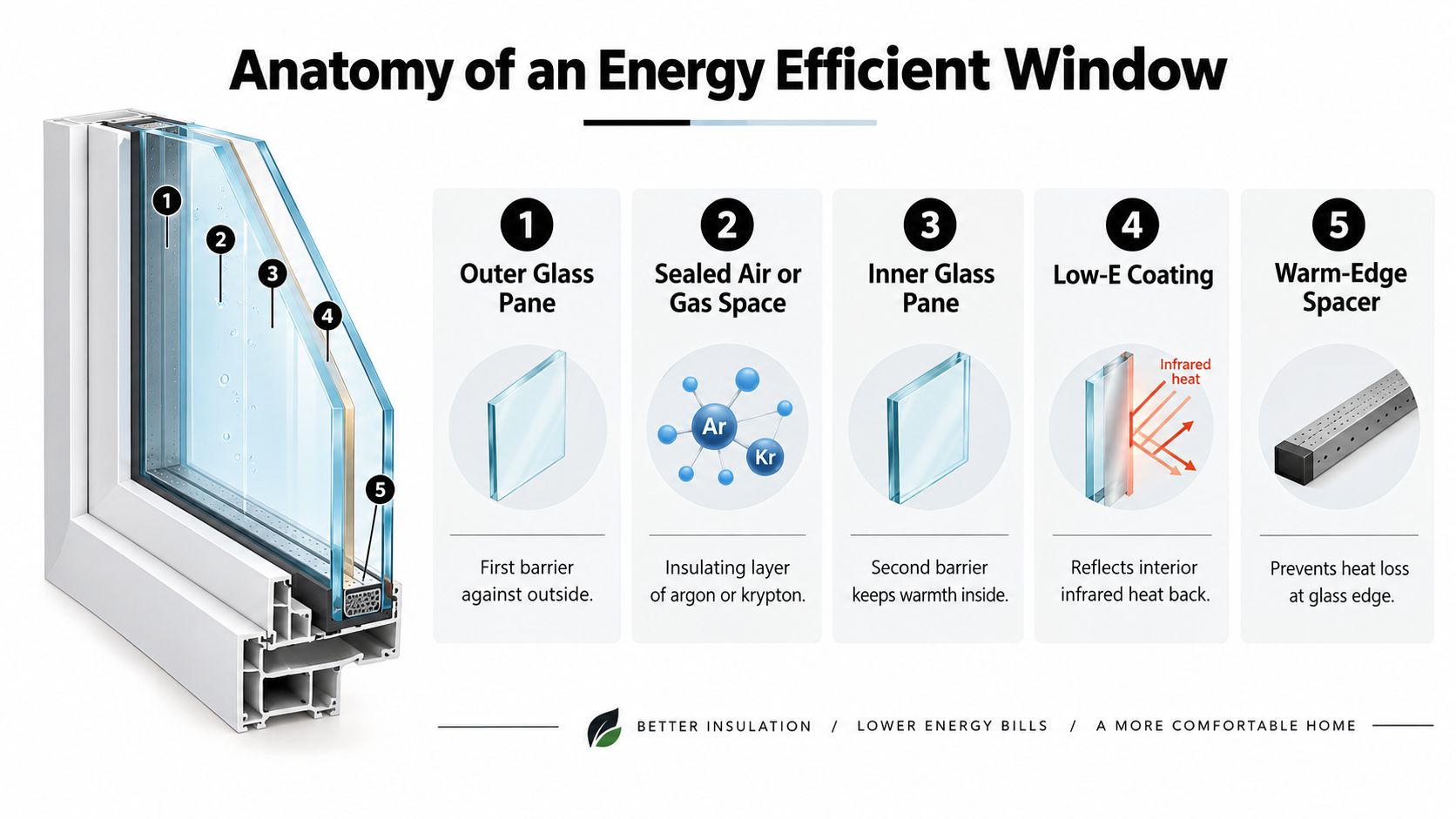 A diagram illustrating the anatomy of an energy-efficient window, highlighting its five key components for thermal insulation.
