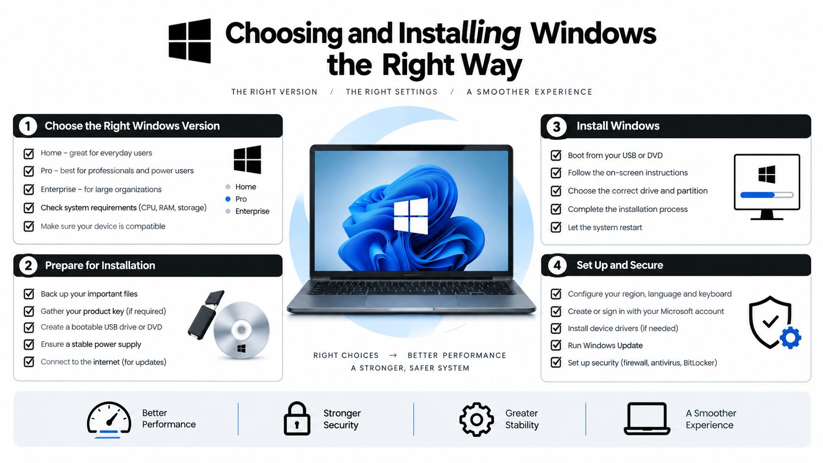 A four-step infographic guide detailing how to choose and install the Windows operating system correctly.