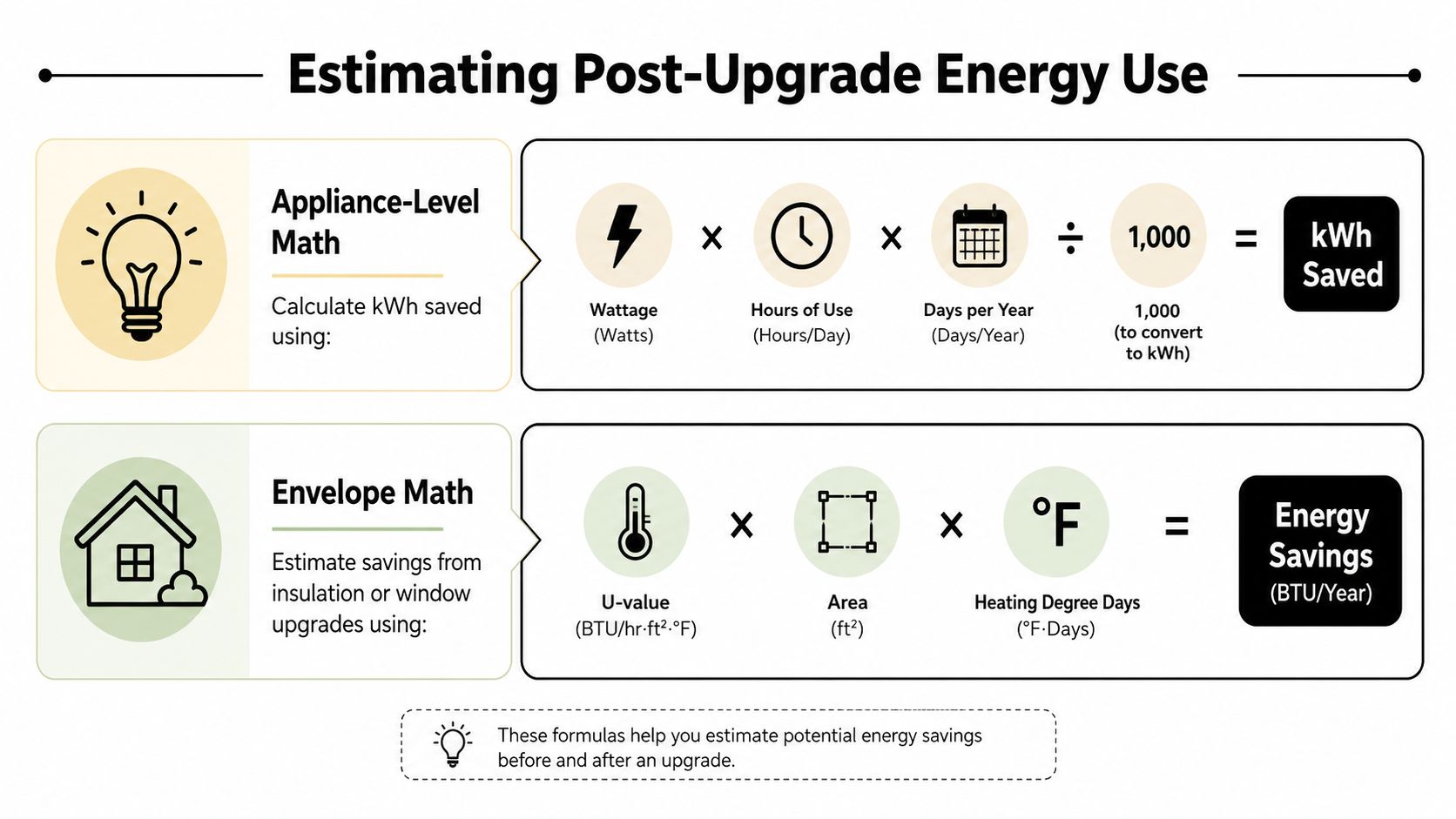 An infographic showing two mathematical formulas for estimating energy savings from appliance and home envelope upgrades.