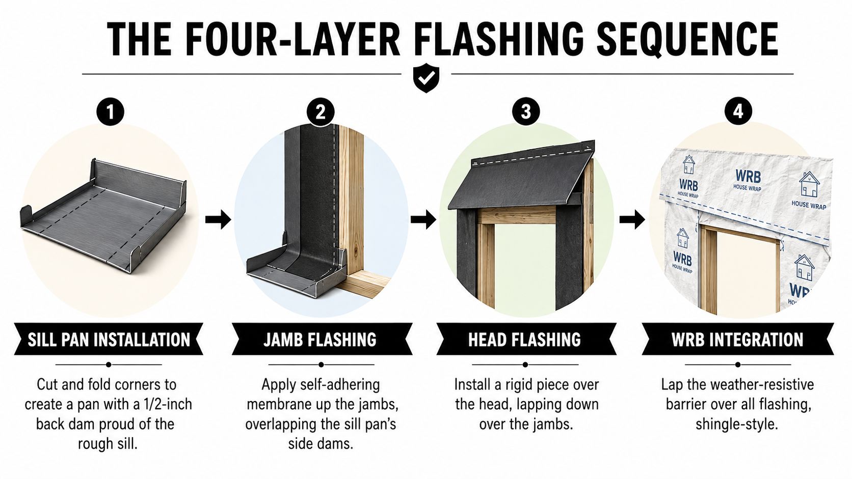 A four-step diagram demonstrating the correct installation sequence for proper window flashing on a building frame.