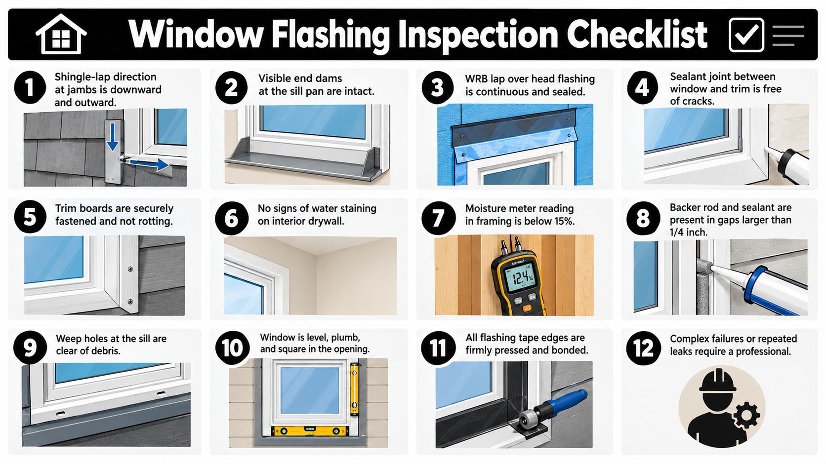 A twelve-point window flashing inspection checklist illustrated with diagrams showing proper installation and moisture testing techniques.