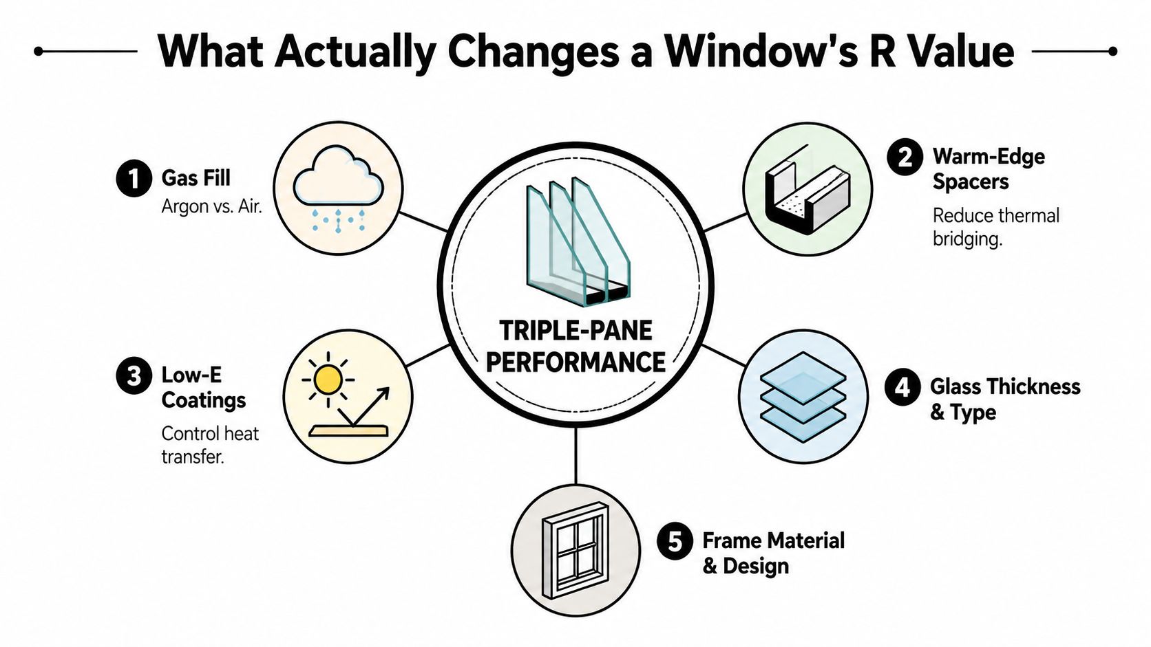 An infographic showing the five key factors that influence the R-value performance of triple-pane windows.