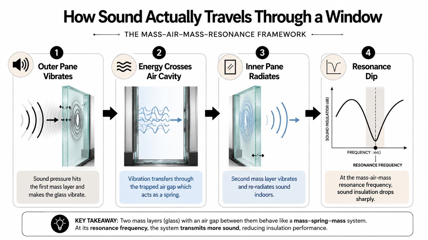 A diagram explaining the mass-air-mass resonance framework of how sound waves travel through double-paned window glass.