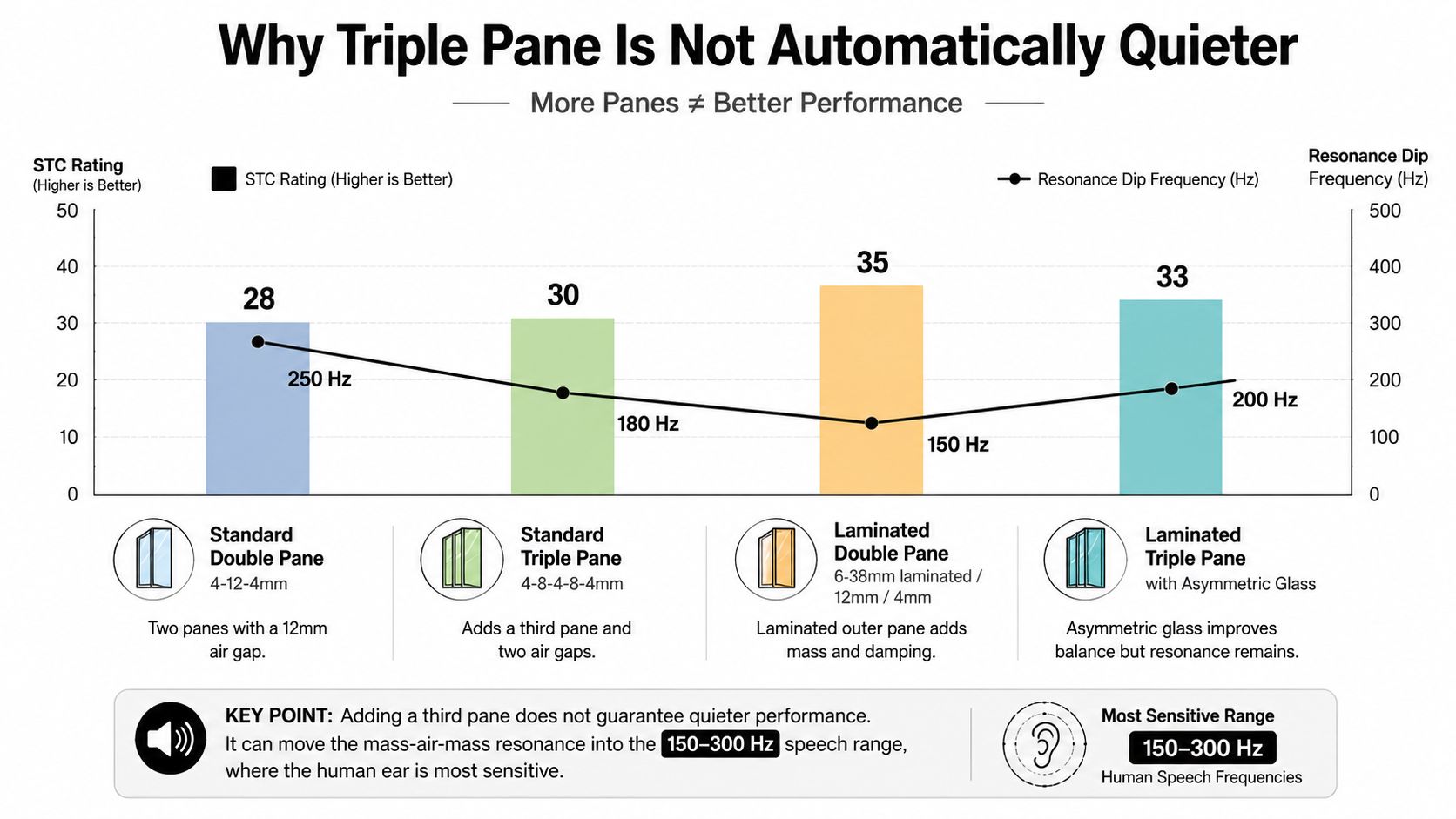 A chart showing why triple pane windows do not automatically provide better sound reduction than double panes.