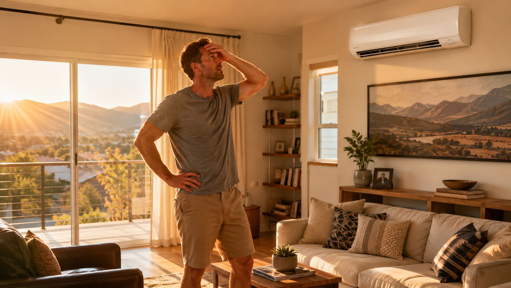 A frustrated man standing in a sunlit living room looking at an air conditioning unit on the wall.