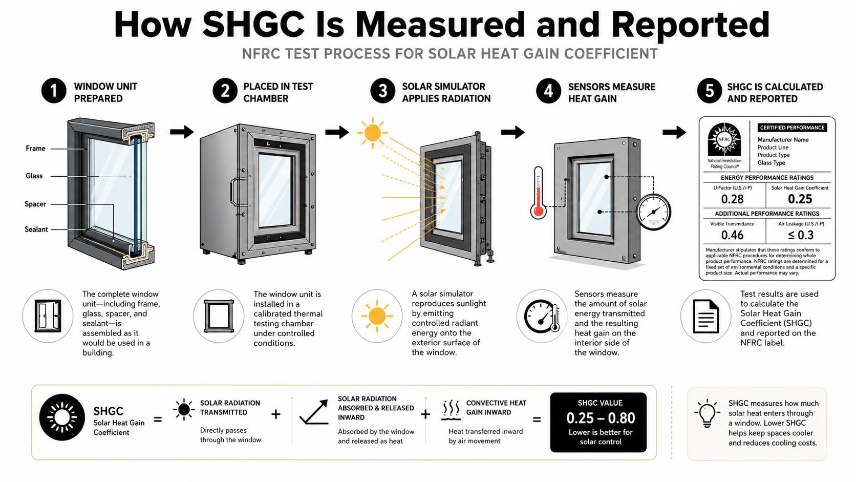 An infographic illustrating the NFRC test process to measure the Solar Heat Gain Coefficient of window units.