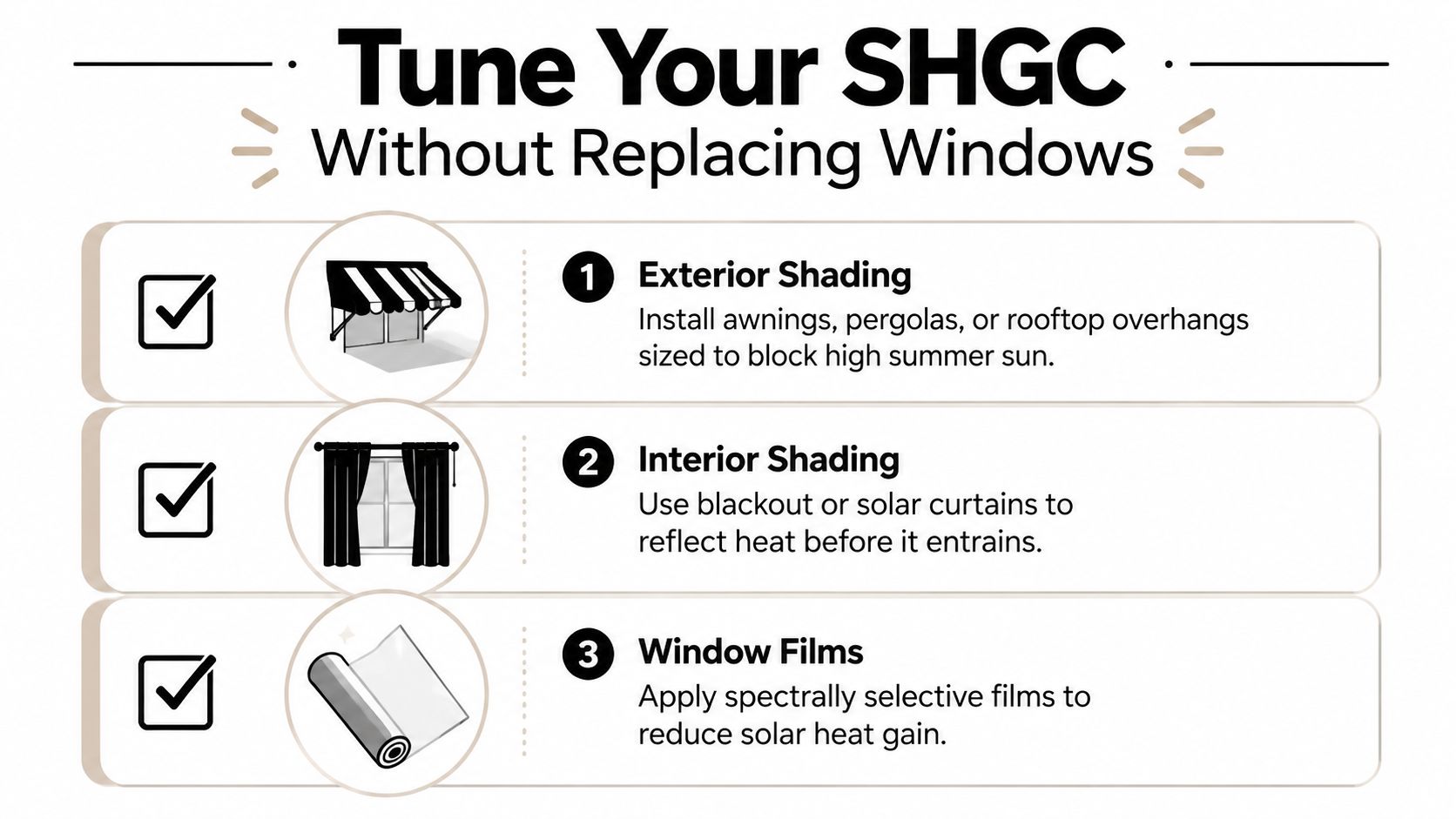 An infographic titled Tune Your SHGC, listing three methods: exterior shading, interior shading, and window films.