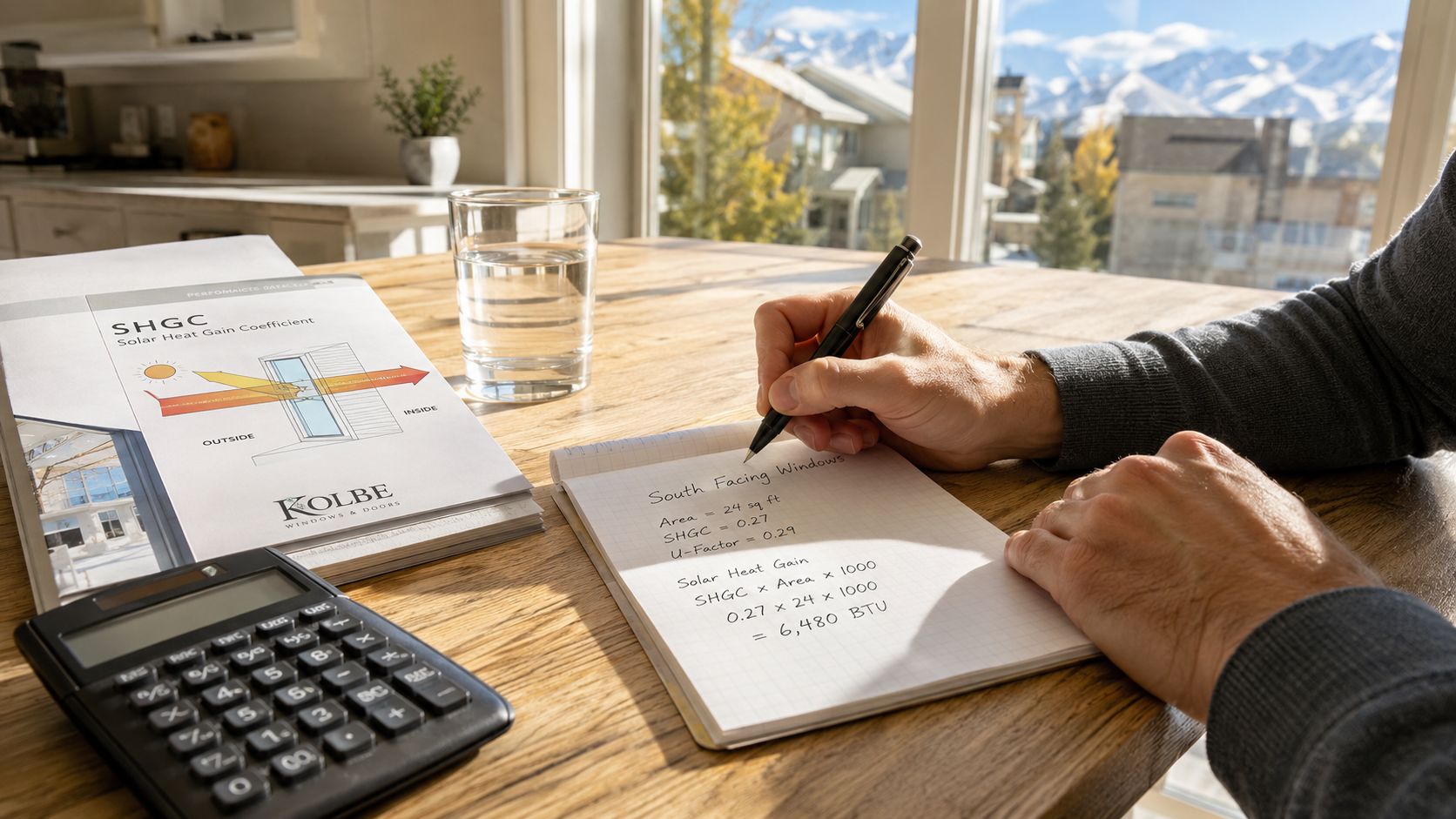 A person writing calculations for window solar heat gain coefficient on a notebook at a sunny desk.