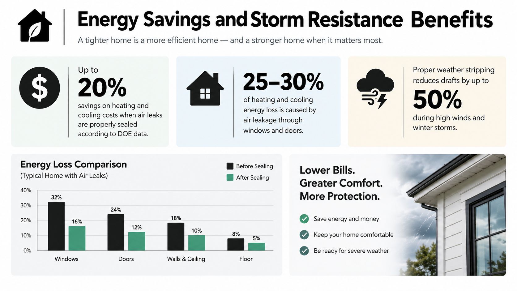 An infographic showing energy savings, reduced air leakage, and storm resistance benefits from proper home weather stripping.