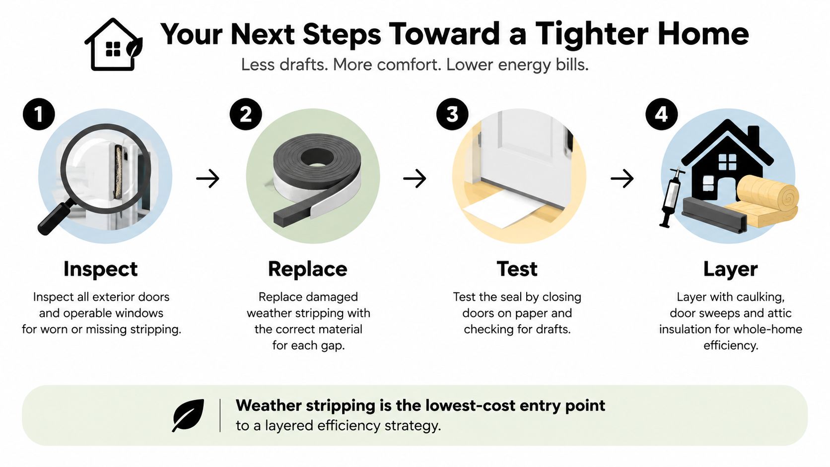 An infographic showing four steps to improve home insulation, including inspection, weather stripping, testing, and adding layer materials.