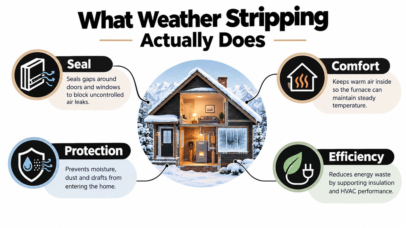 An infographic showing how weather stripping seals gaps to improve comfort, protection, and energy efficiency in homes.