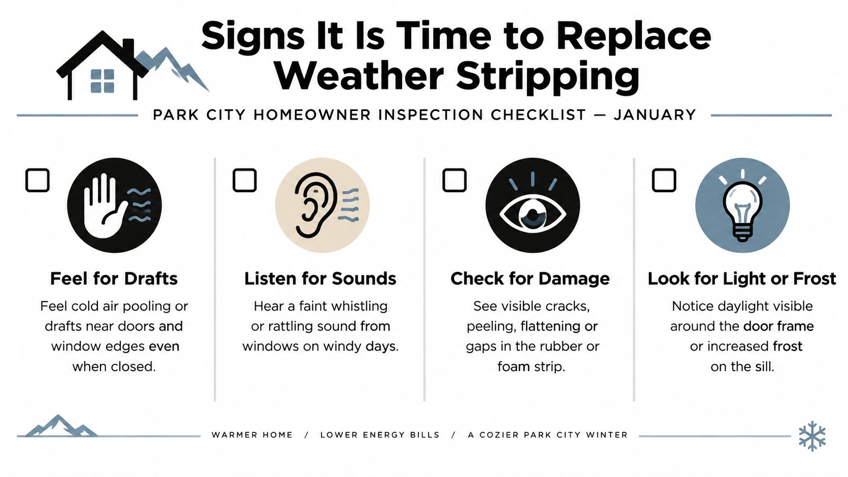 An infographic checklist outlining the warning signs that indicate home weather stripping needs to be replaced.