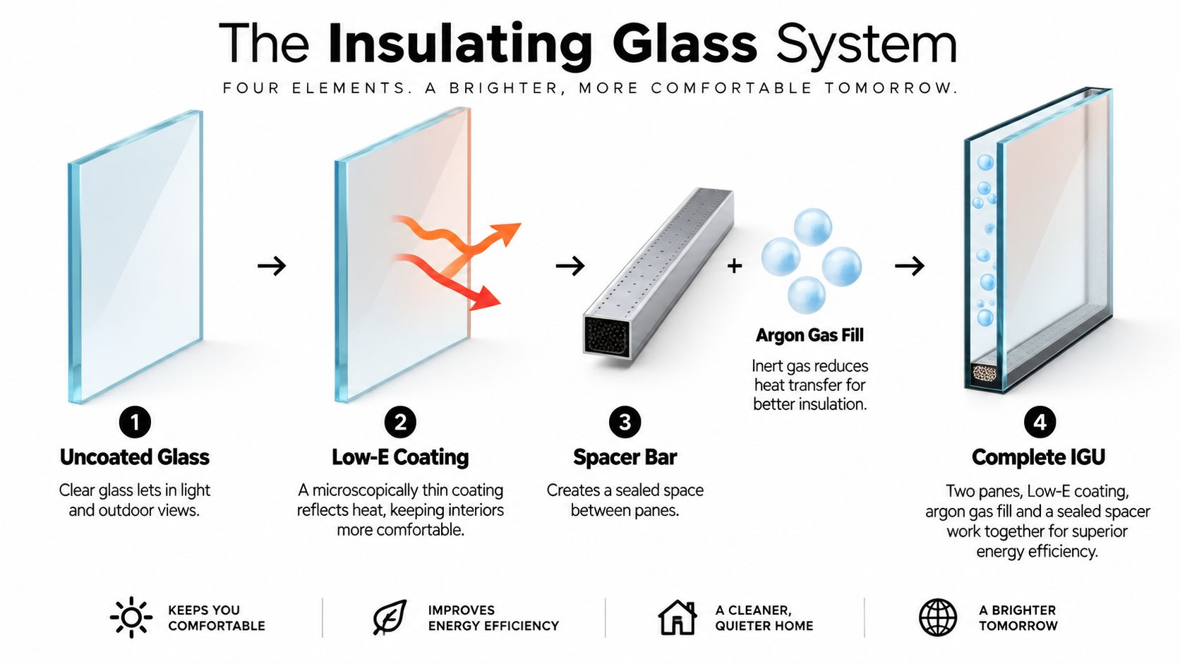 An infographic detailing the four key components that make insulating glass units energy efficient for modern home windows.