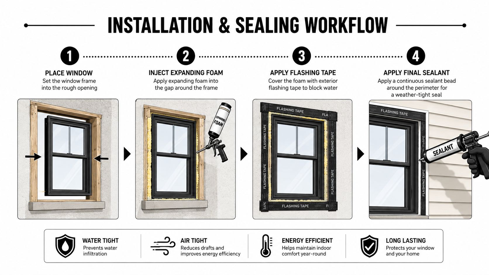 A four-step infographic illustrating the professional workflow for installing and sealing a residential window for energy efficiency.