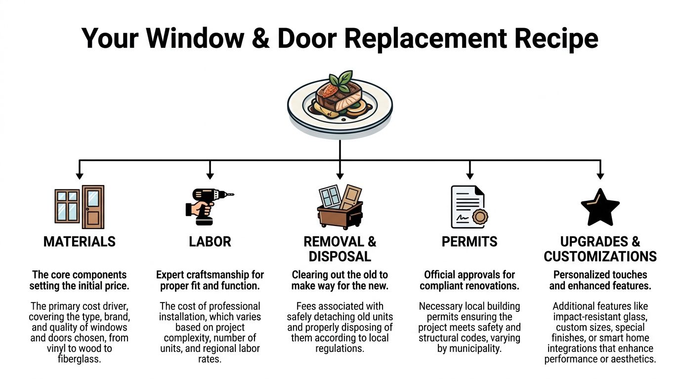 An infographic titled Your Window and Door Replacement Recipe showing five key factors that influence project costs.