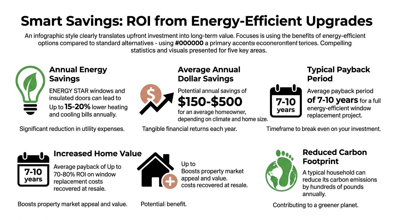 An infographic showing the financial and environmental benefits of installing energy-efficient windows and insulated doors.