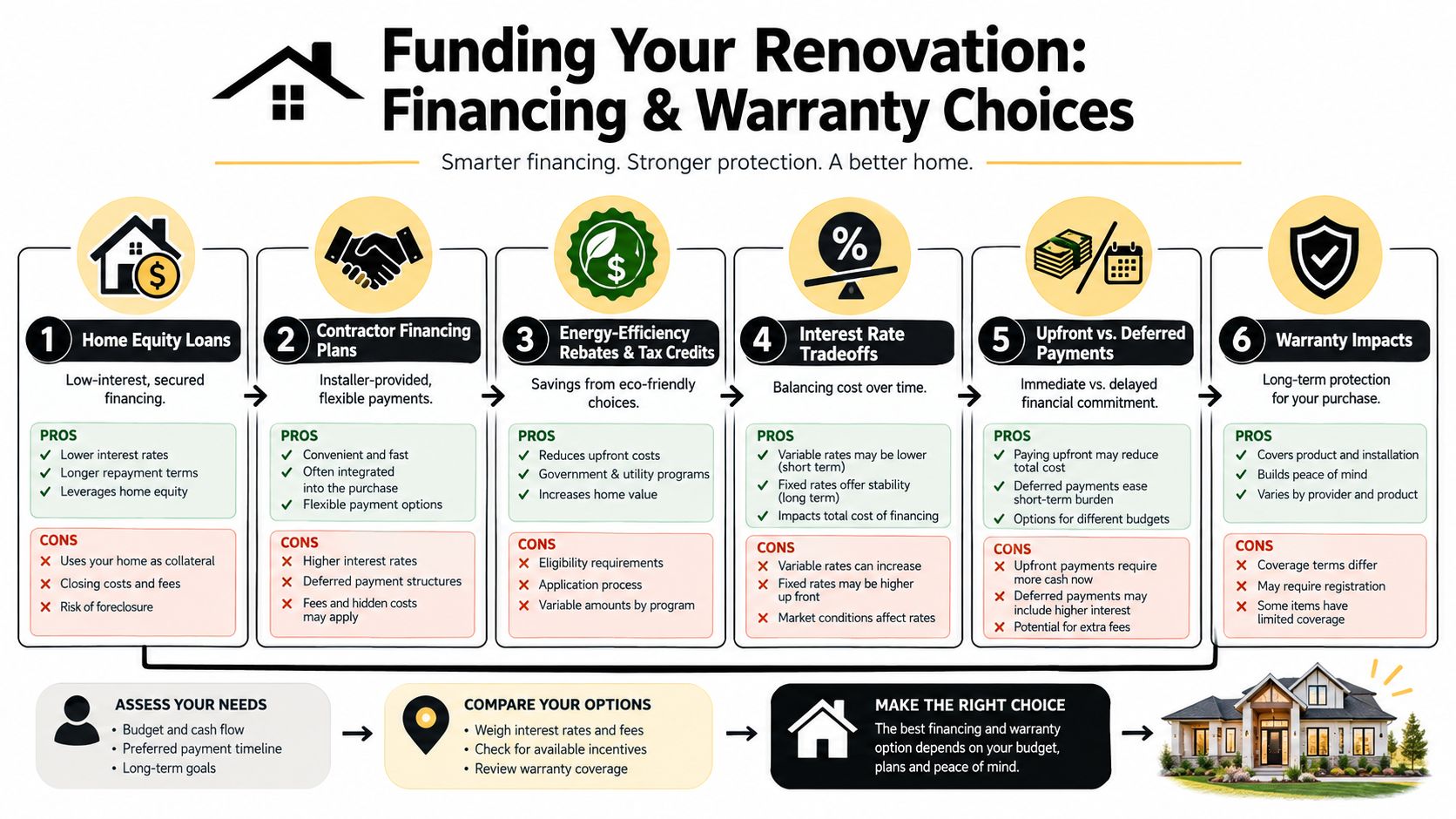 An infographic titled Funding Your Renovation displaying six financial and warranty choices for home improvement projects.