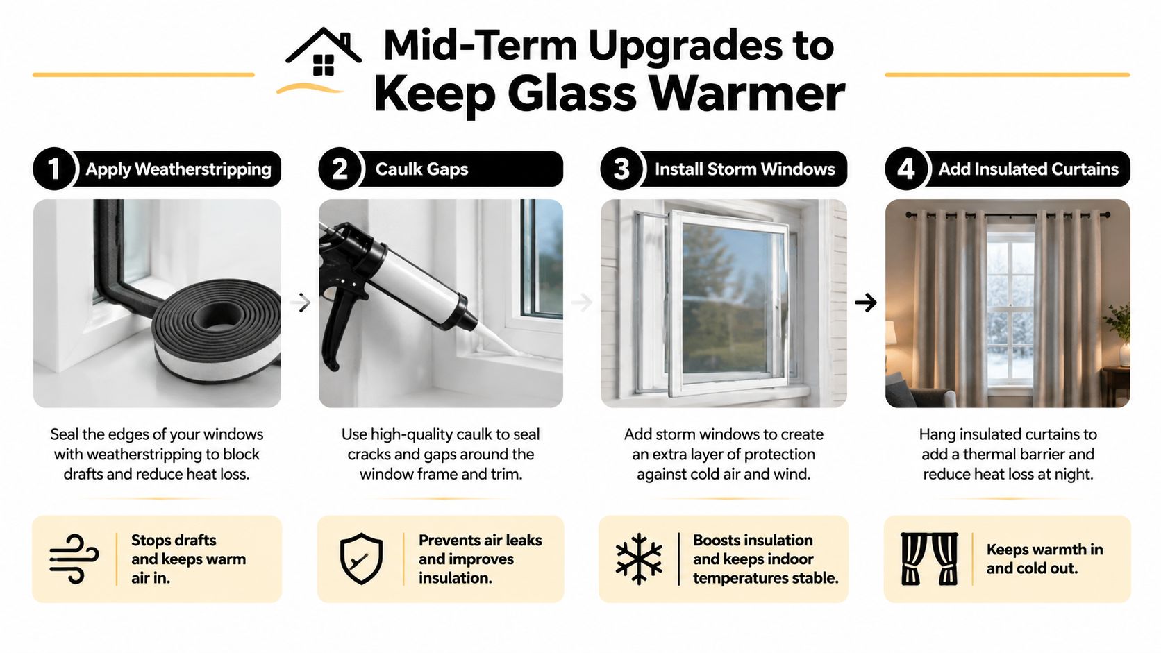 An infographic showing four mid-term home improvement upgrades to increase window insulation and prevent heat loss.